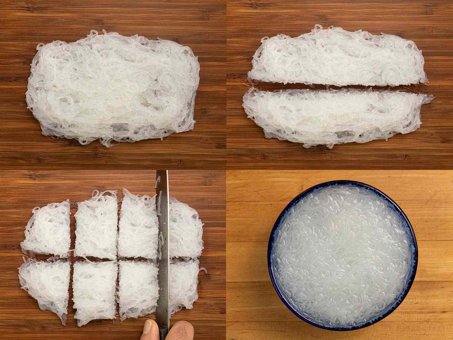 Four image collage of cutting noodles and placing in bowl of water