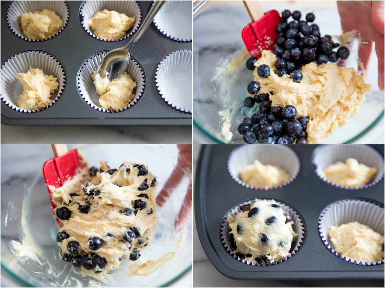 A photo collage of putting a bit of plain dough in the muffin cups, then folding blueberries into the remaining dough, then topping off each muffin cup.