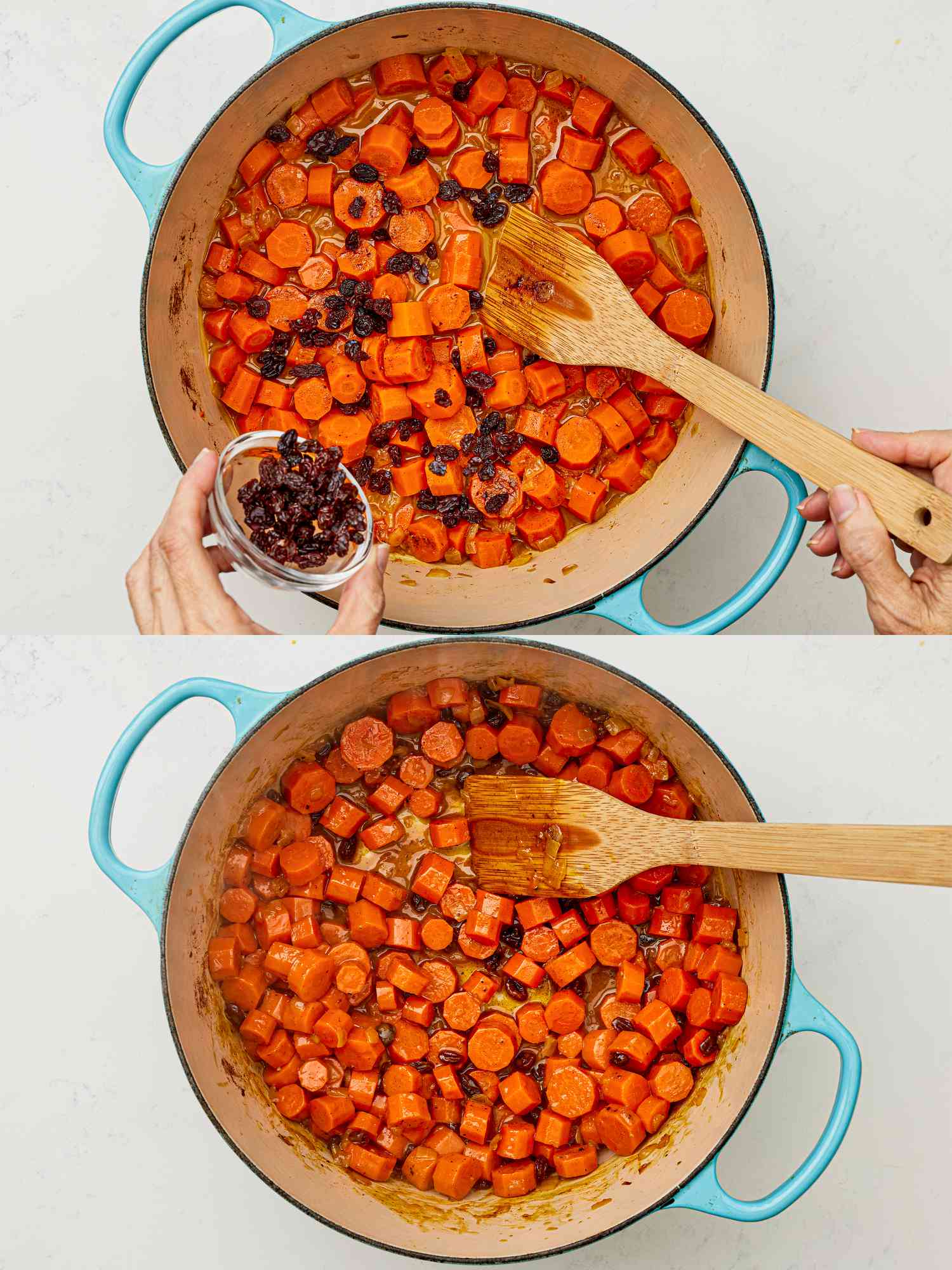 Two image collage of adding raisins to dutch oven and a glaze formed over it