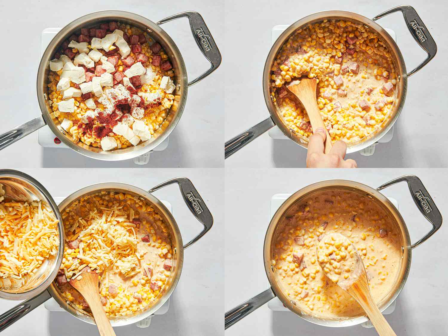 Four image collage of adding cheese and meat