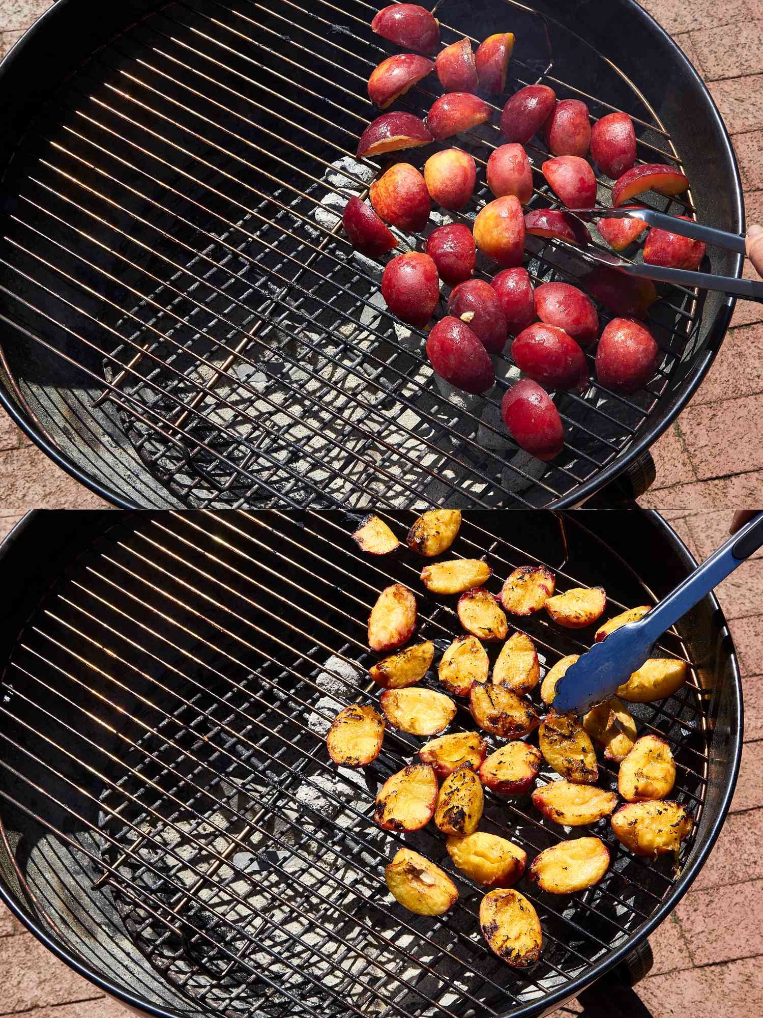 2 image collage. Top: placing peaches on grill. Bottom: Flipping peaches on grill 