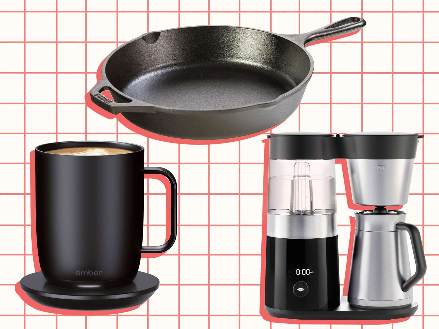 A black mug with a warmer, a cast iron skillet, and a compact coffee maker with components