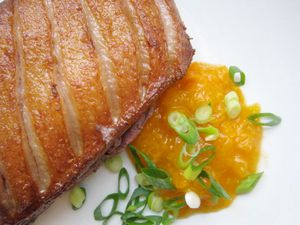 Closeup of a seared duck breast next to a puddle of apricot compote, sprinkled with sliced scallion.