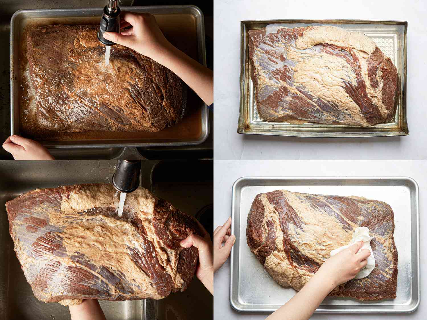 Four image collage of washing meat