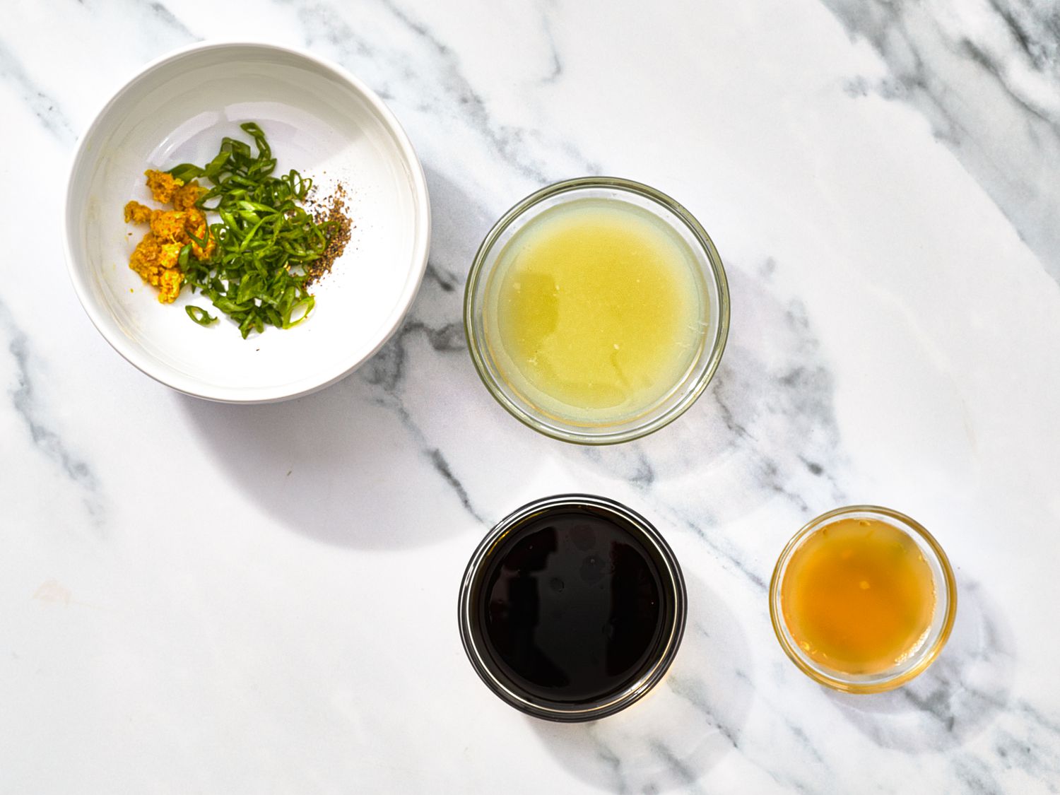 Overhead view of sauces used for sashimi 