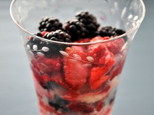 Closeup of a berry pudding parfait