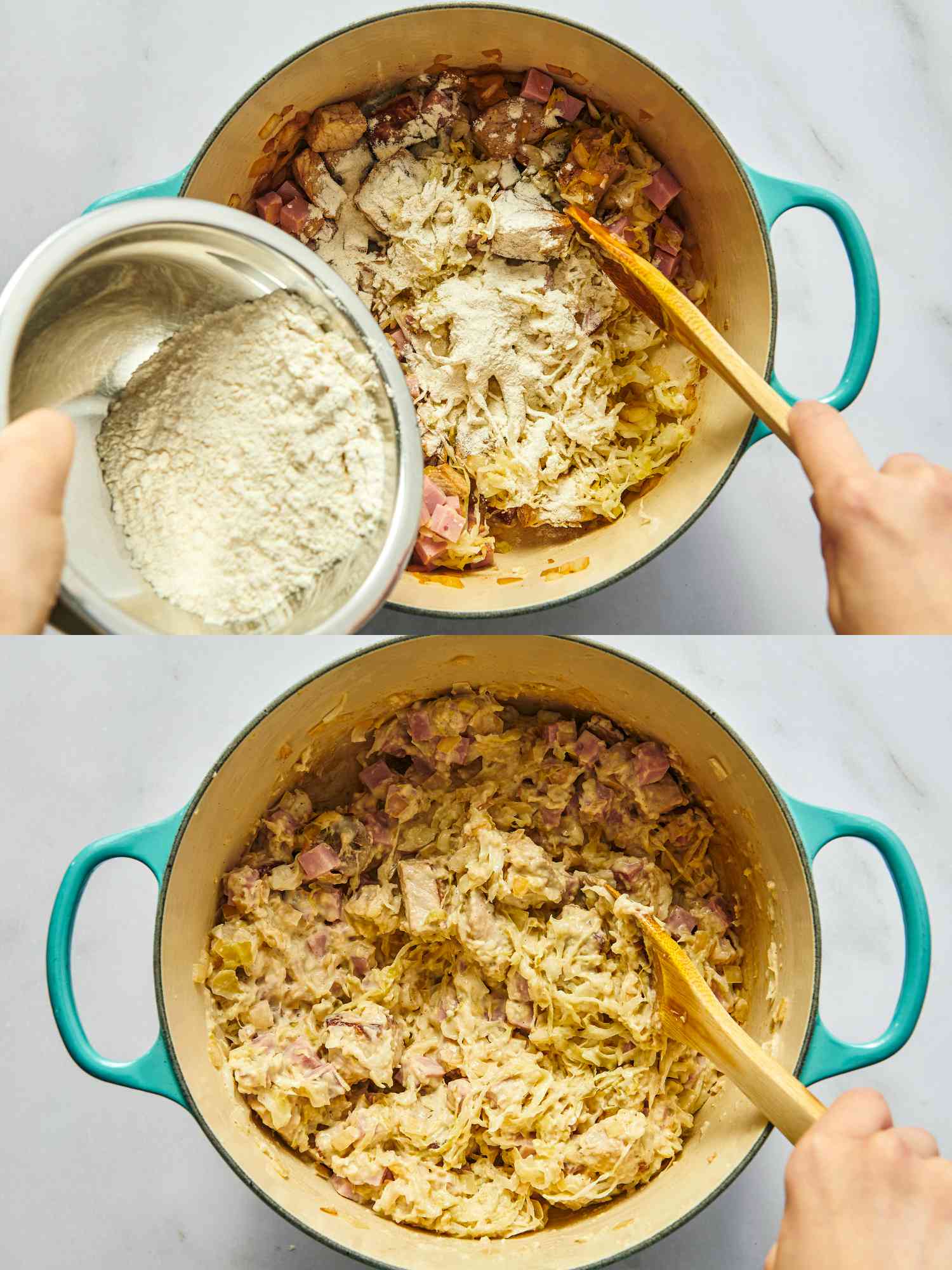 2 image collage. Top: sprinkling flour over sauerkraut mixture. Bottom: Mixing milk into mixture. 