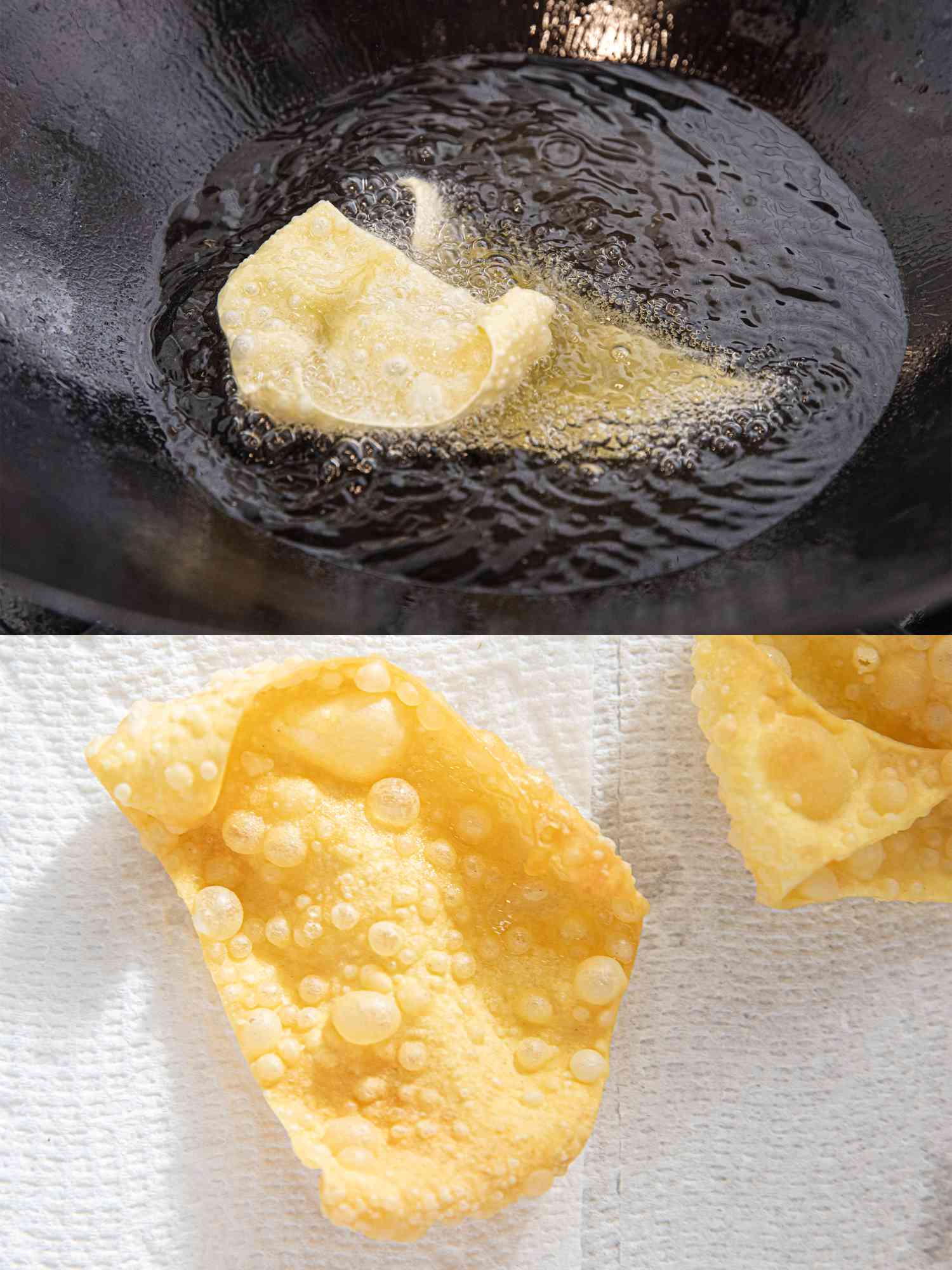 Two image collage of frying wonton wrappers in a wok