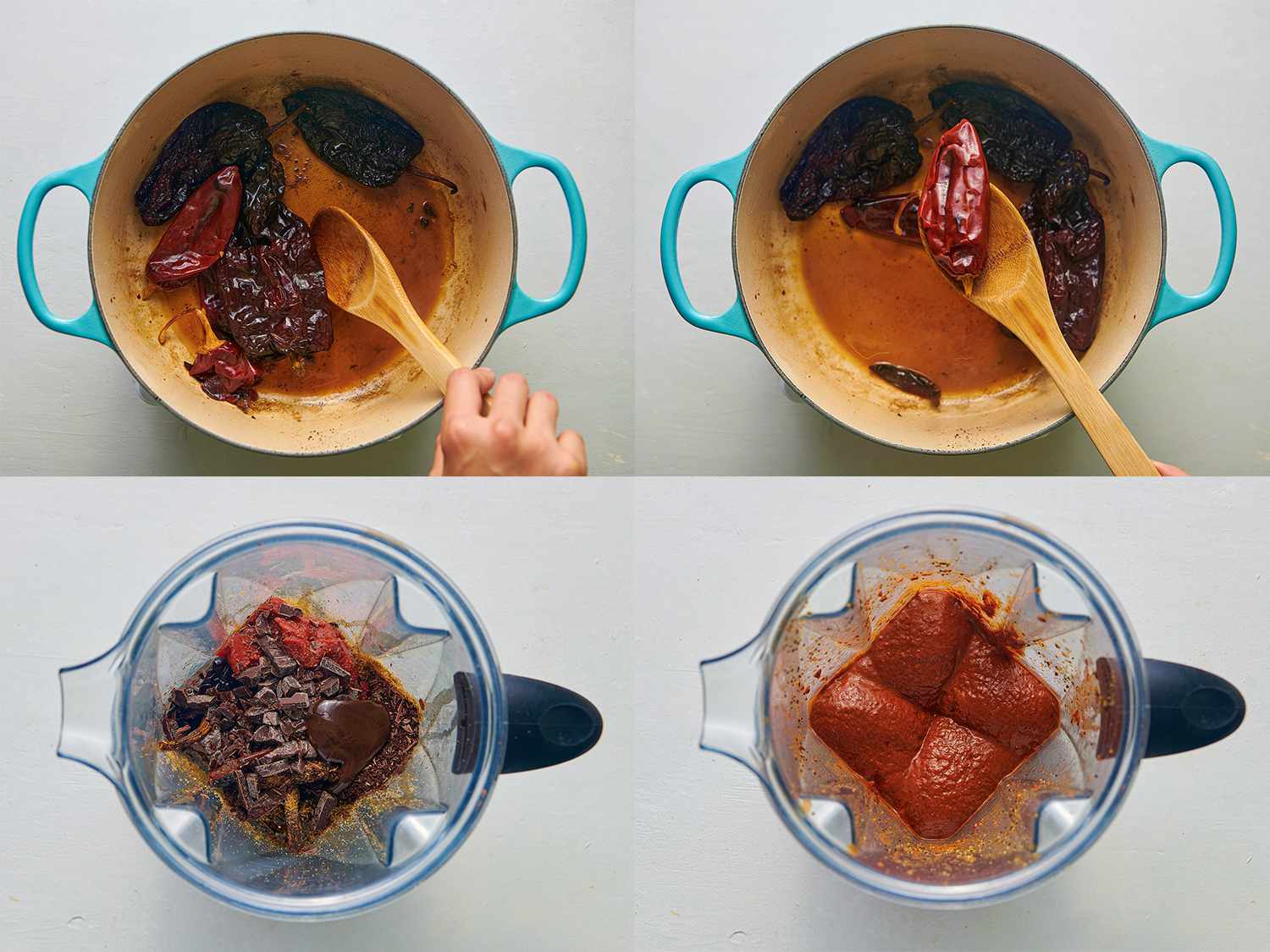A four-image collage. The top left image shows the dried chiles being softened inside of a Dutch oven. The top right image shows a wooden spoon holding up a softened chile, to demonstrate the texture. The bottom left image shows the softened chiles and dried spices inside of the jar of a high speed blender. The bottom right image shows the chiles and other ingredients processed into a smooth paste inside of the jar of the high speed blender.