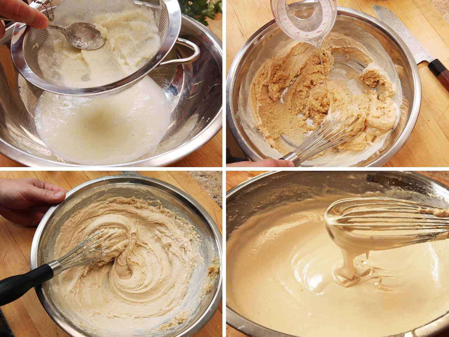 A four-image collage. The top left image shows a purée being strained into a metal bowl. The top right image shows a liquid being poured into the tahini mixture. The bottom left image shows the mixture being whisked together. The bottom right image shows a whisk in a completed tahini mixture.