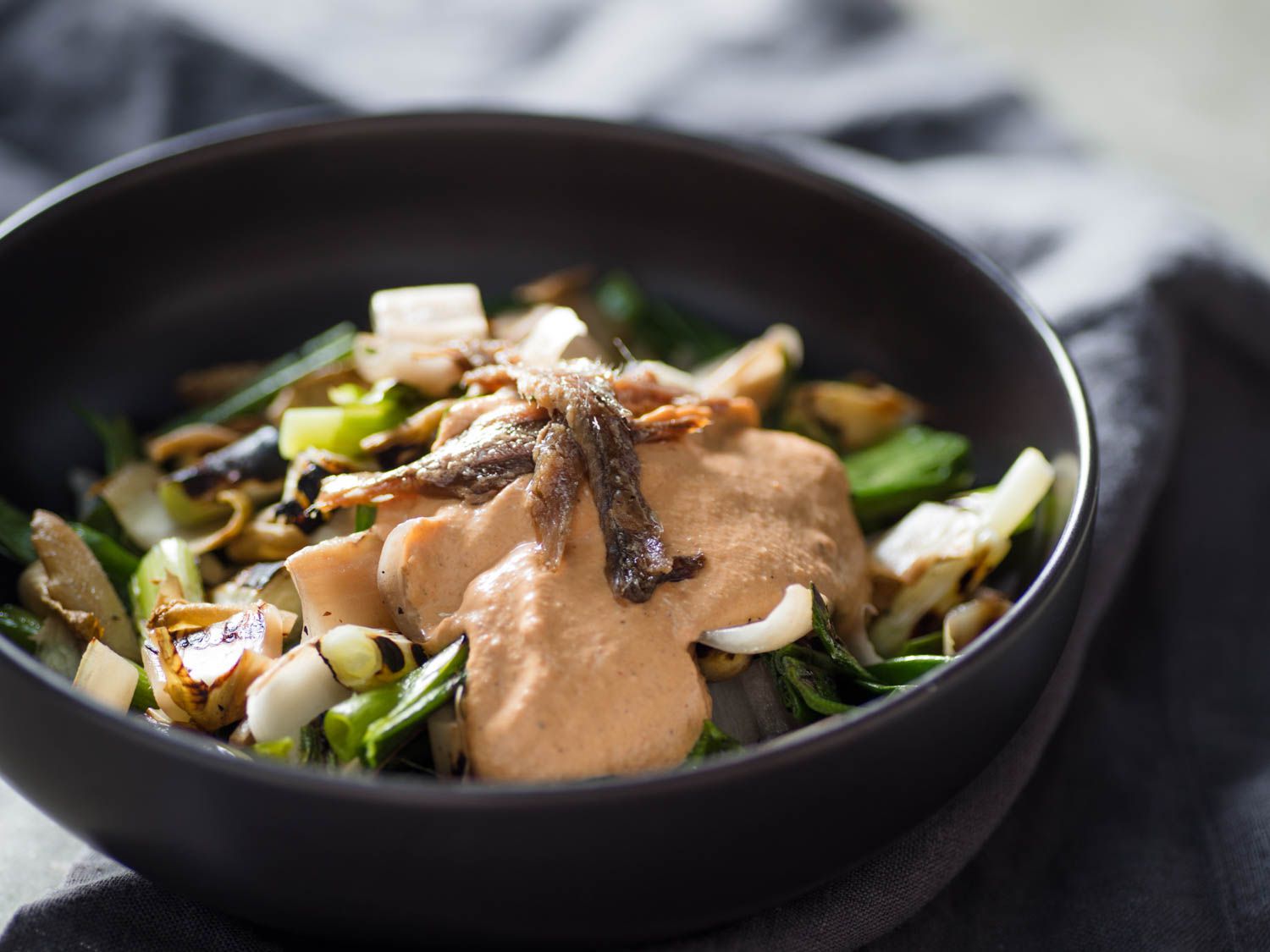 Side view of a bowl of grilled vegetable salad, doused in xato. 