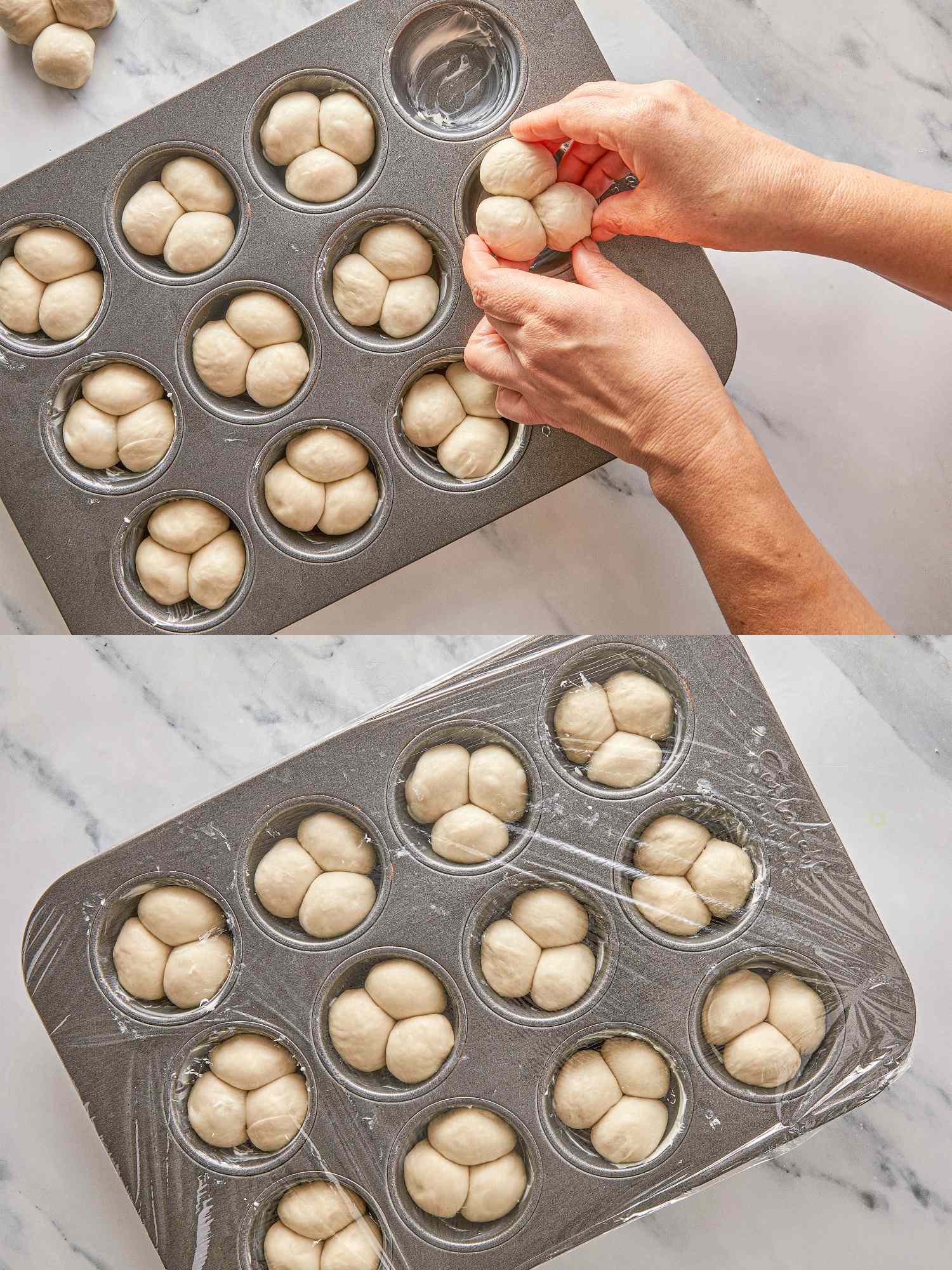 Two hands placing dough balls into a muffin tin with the second image showing the dough covered in plastic wrap to rise