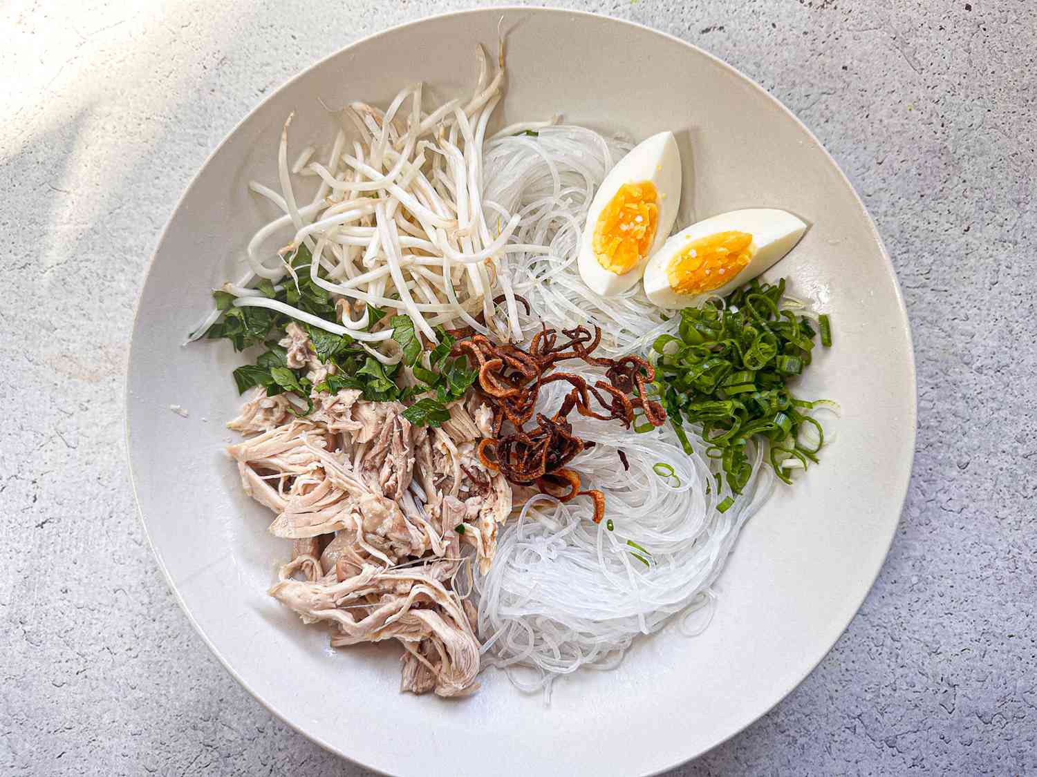 Shredded chicken, noodles, mung bean sprouts, eggs, green onion, celery, and shallots in a bowl