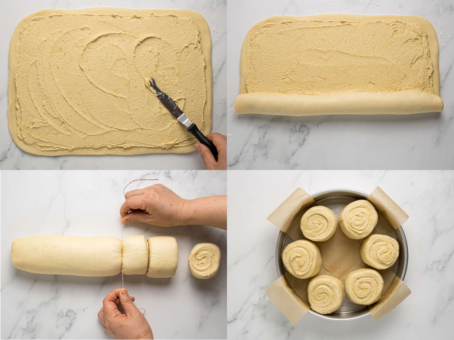 4 image collage. Top left: spreading frangipan on dough. Top Right: rolling dough length wise. Bottom Left: using thread to slice rolls. Botton Right: rolls placed in baking pan 