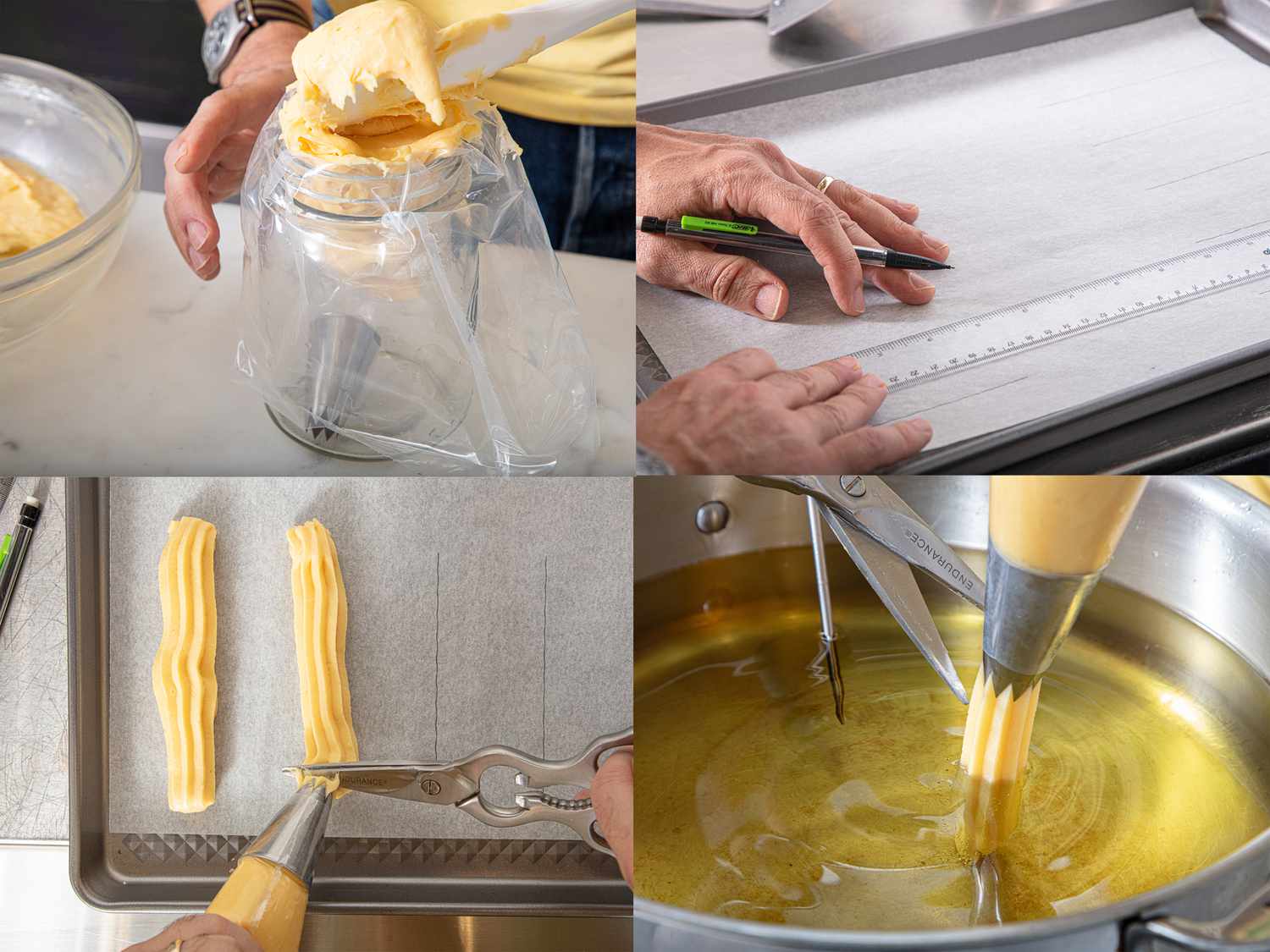 Four image collage of filling piping bag, making lines, and cutting choux into lines onto parchment and into oil