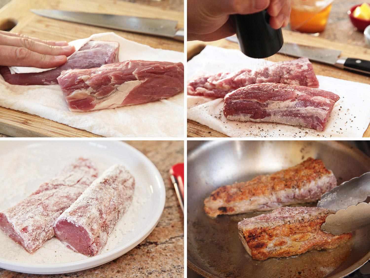 A 4-image collage: blotting pork tenderloin dry with paper towel, seasoning the pork with salt and pepper, dredging it in cornstarch, and browning it in a stainless steel skillet. 