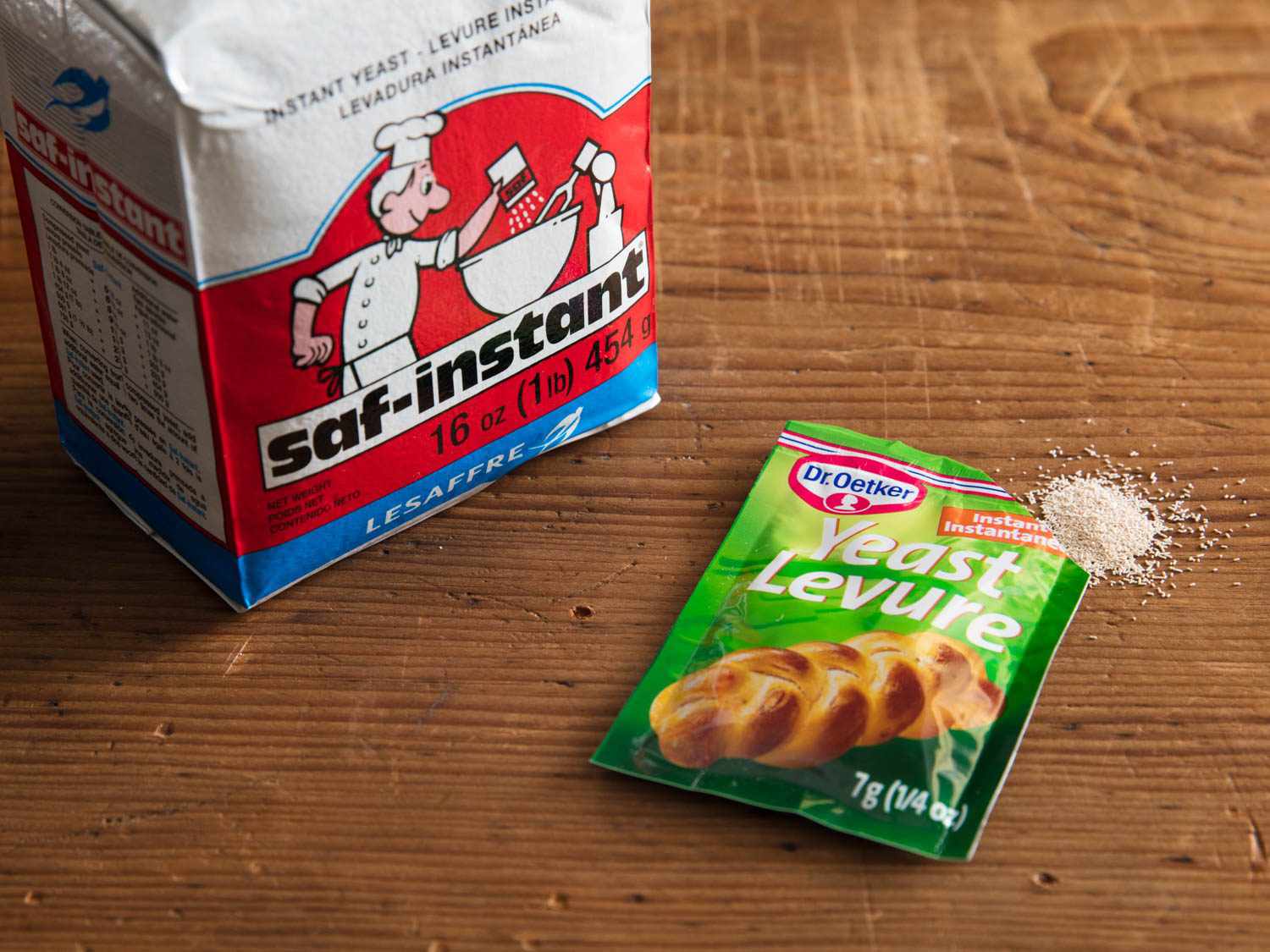 SAF Instant Yeast and Dr. Oetker Yeast Levure Instant packets on a wooden surface