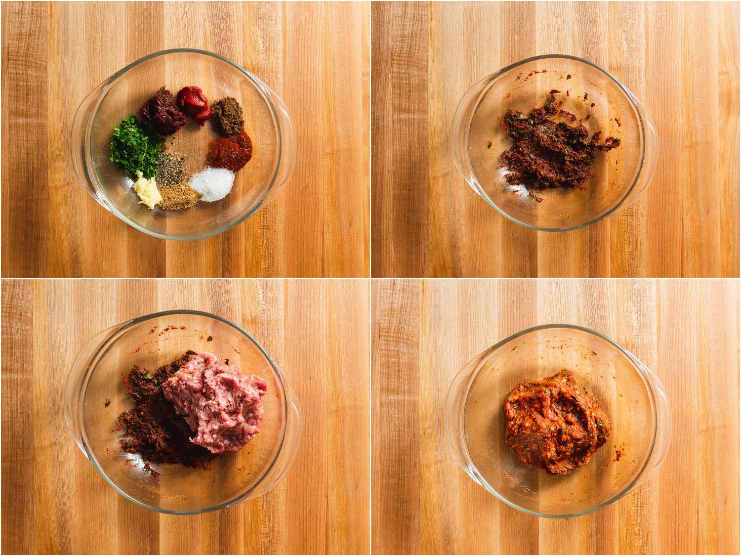 Collage of steps for making lamb sausage mixture for topping Armenian pizza