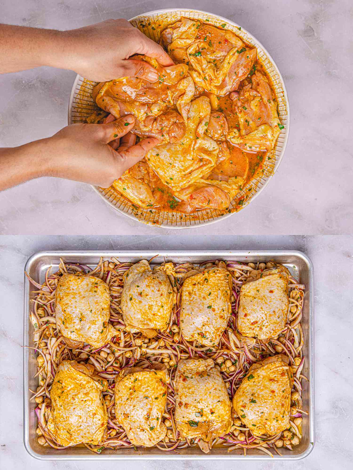 2 image collage. Top: Preparation of harissa and orange chicken marinating in a bowl. Bottom: Chickpeas and chicken on a sheet pan with onion 