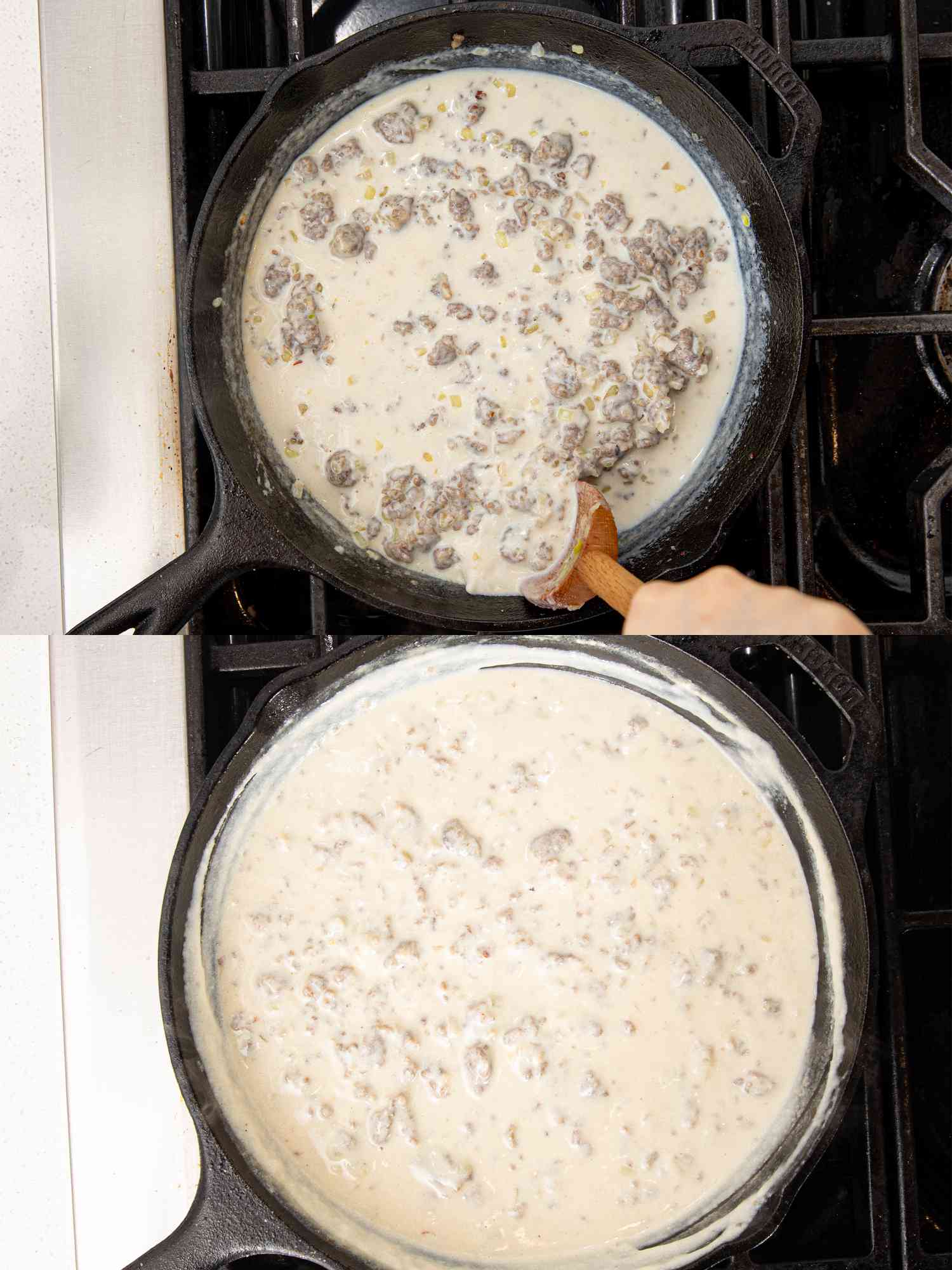 Two image collage of mixing milk into gravy