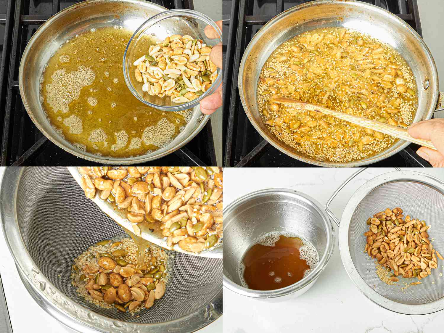 Four image collage of toasting garlic and peanuts