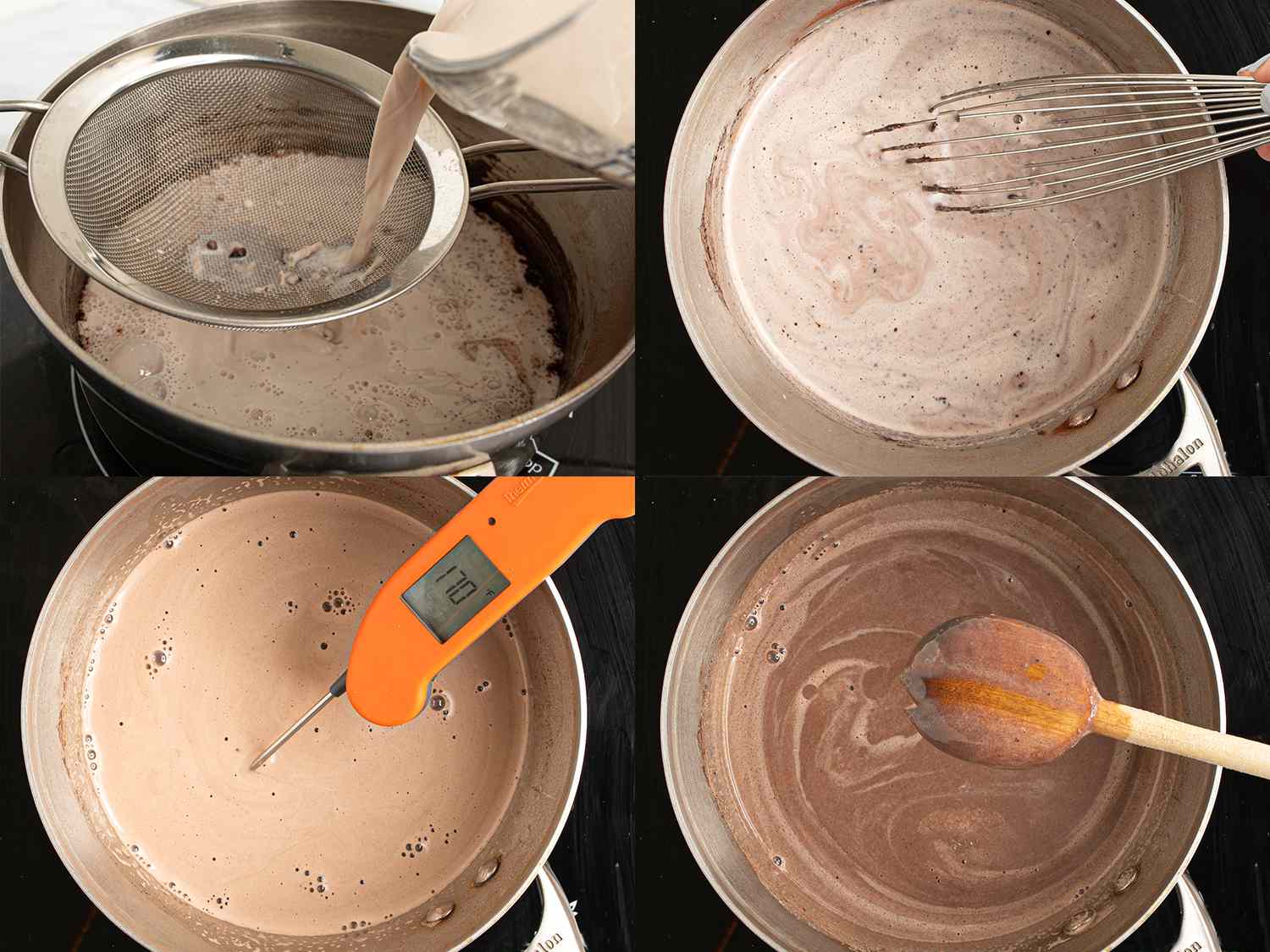 A four-image collage. The top left image shows the cocoa-nib infused milk being strained into the saucepan holding the yolk mixture. The top right image shows the contents of the saucepan being whisked together to form a custard. The bottom left image shows an instant-read thermometer inserted into the custard and registering at 170Â°F. The bottom right image shows custard coating the back of a wooden spoon, with a finger mark swiped across it forming a clean line.