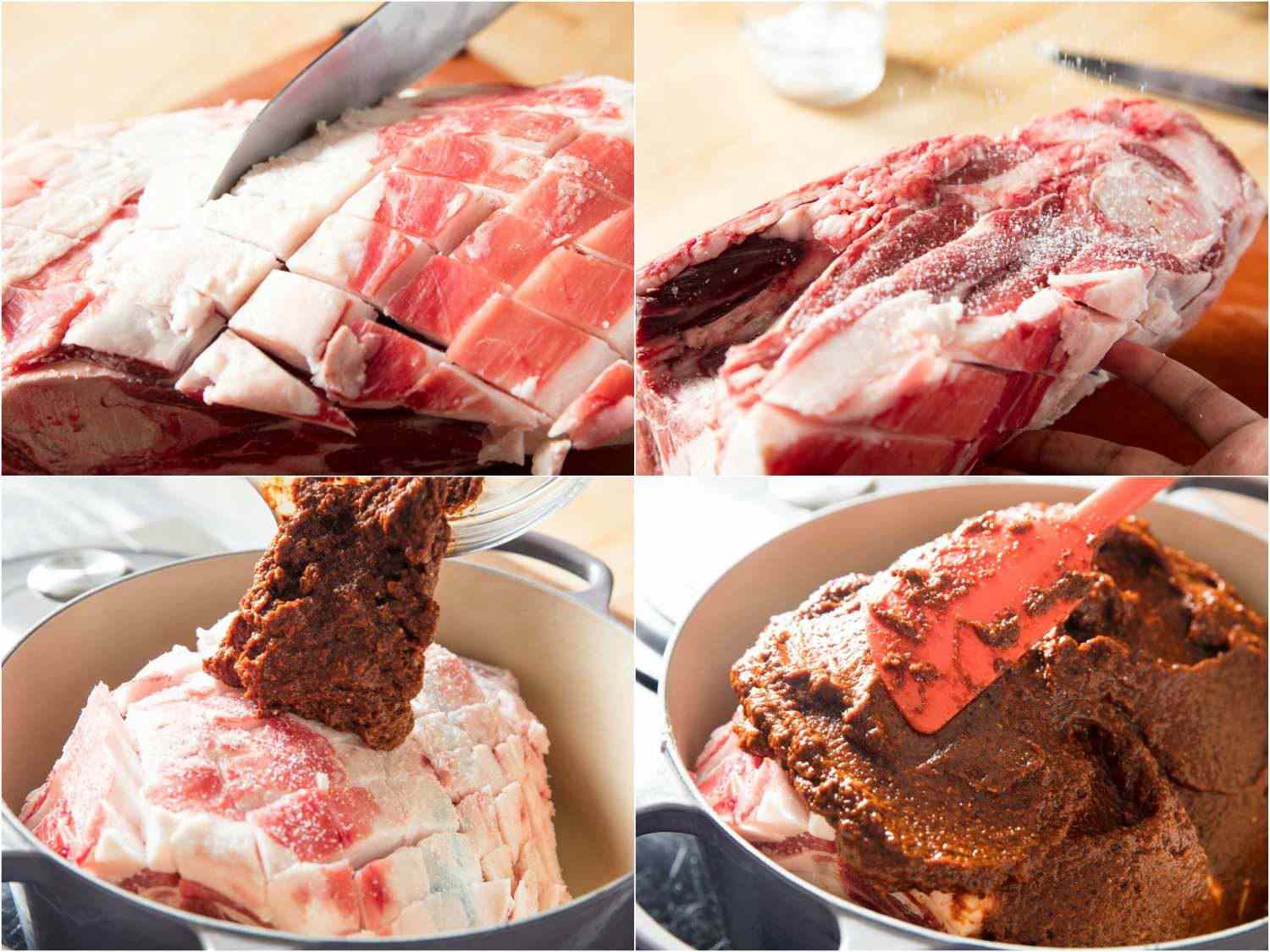 Collage of photos of preparing lamb shoulder with chili paste: scoring the fat cap, seasoning with salt, applying chili paste, spreading chili paste over fat cap