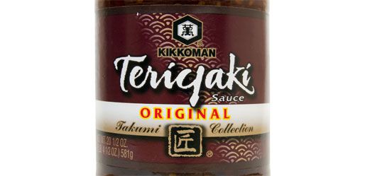 Closeup of bottle of Kikkoman brand teriyaki sauce