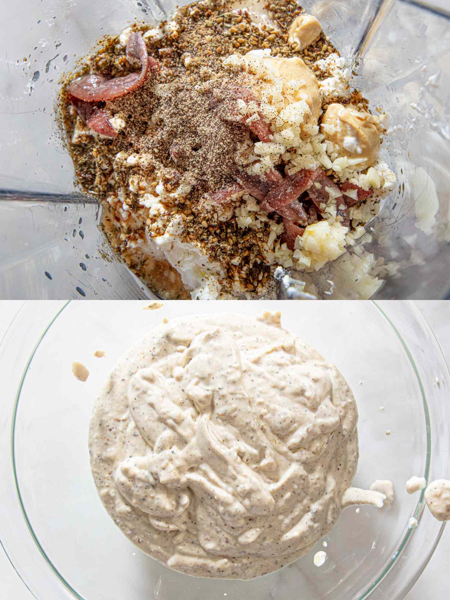 Ingredients being mixed for a recipe and the resulting blended mixture