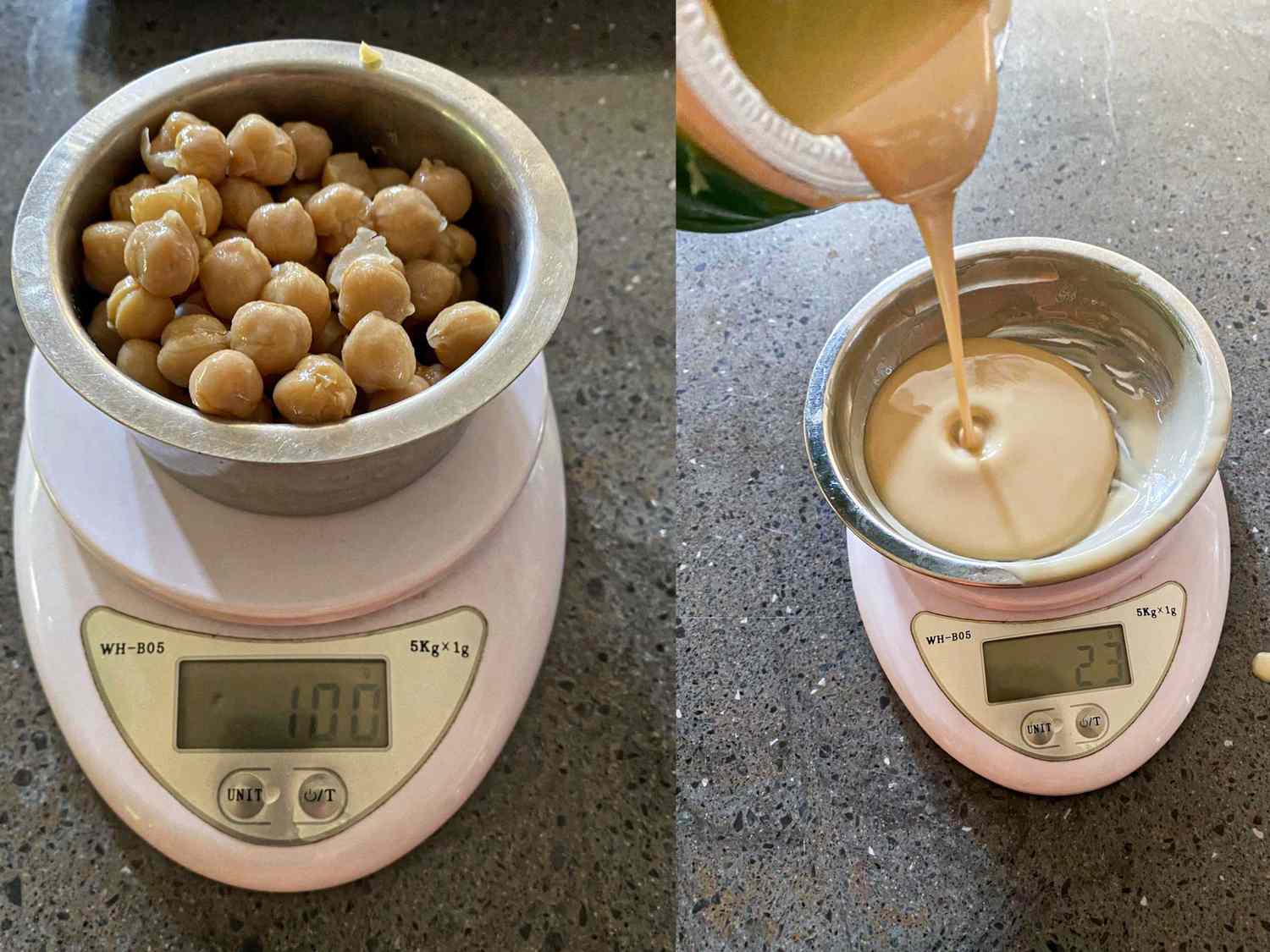 Two kitchen scales showing measurements for chickpeas and tahini in separate bowls