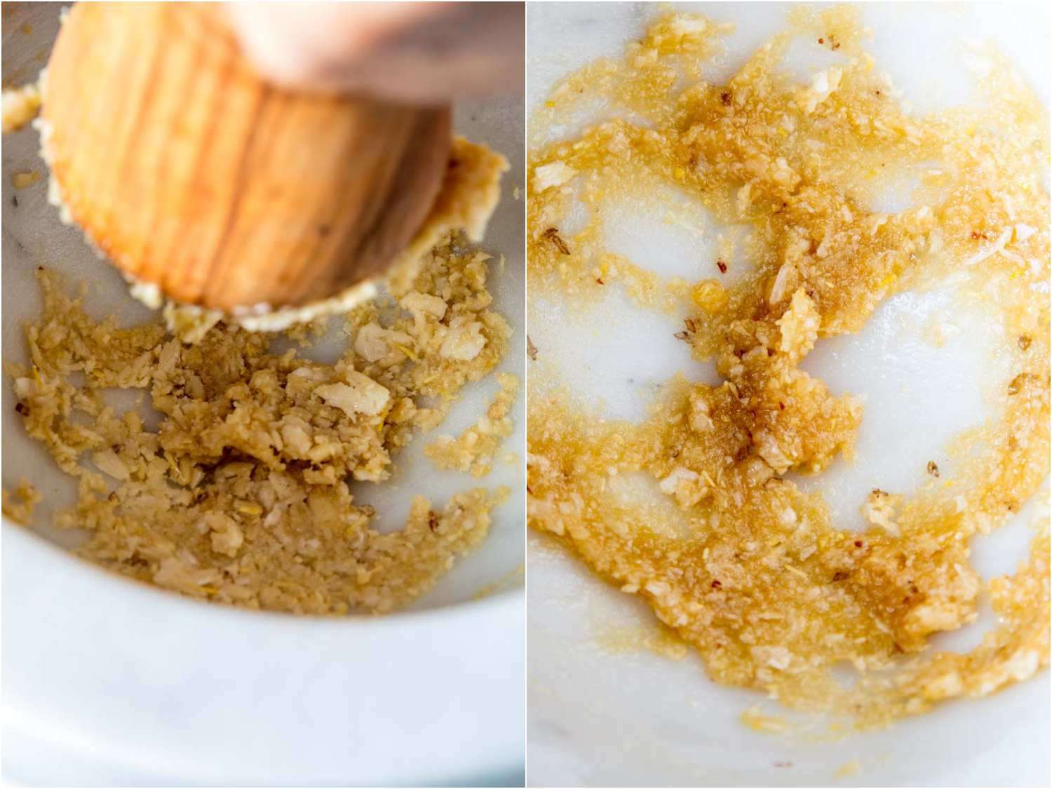 Photo collage showing adding pine nuts to marble mortar with garlic paste and the proper texture once pounded with wooden pestle.