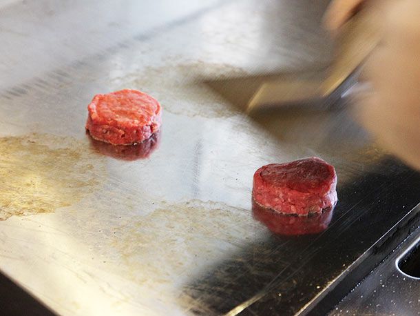 Two 2-ounce patties on the griddle