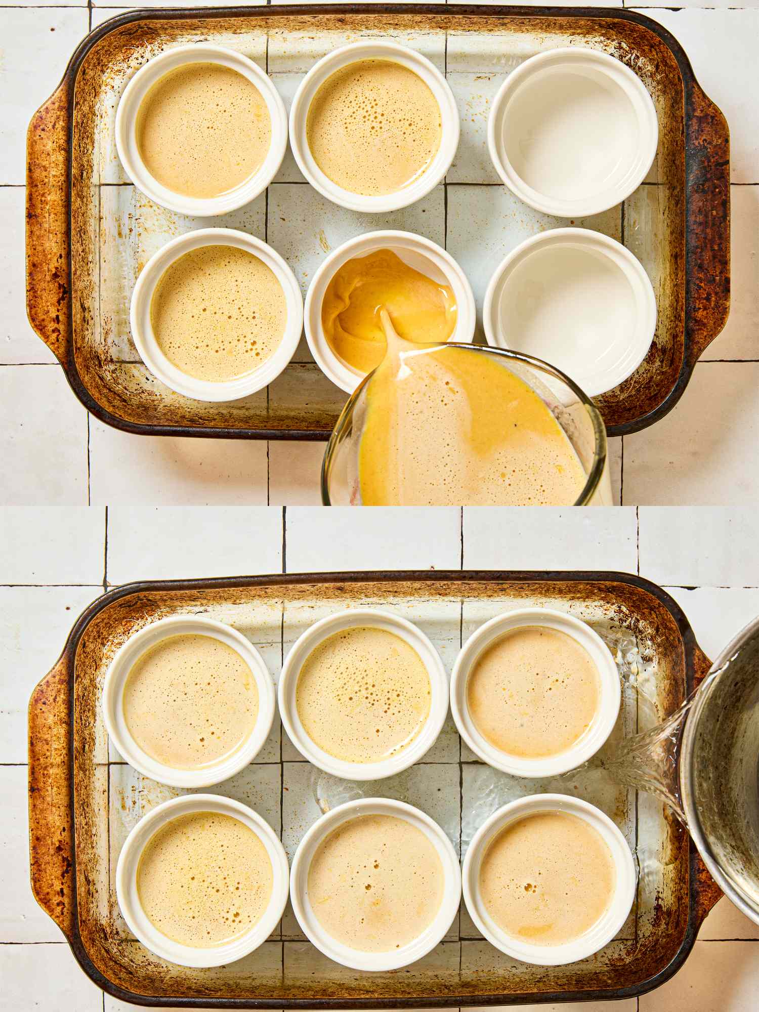 Overhead view of ramekins in a baking dish some filled with a liquid mixture being poured from a glass bowl