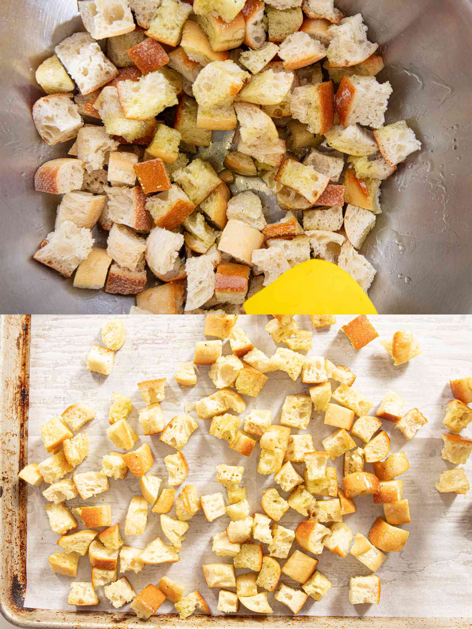 Tossing bread with oil