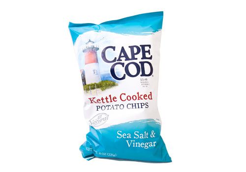 A bag of Cape Cod brand Sea Salt and Vinegar potato chips. 