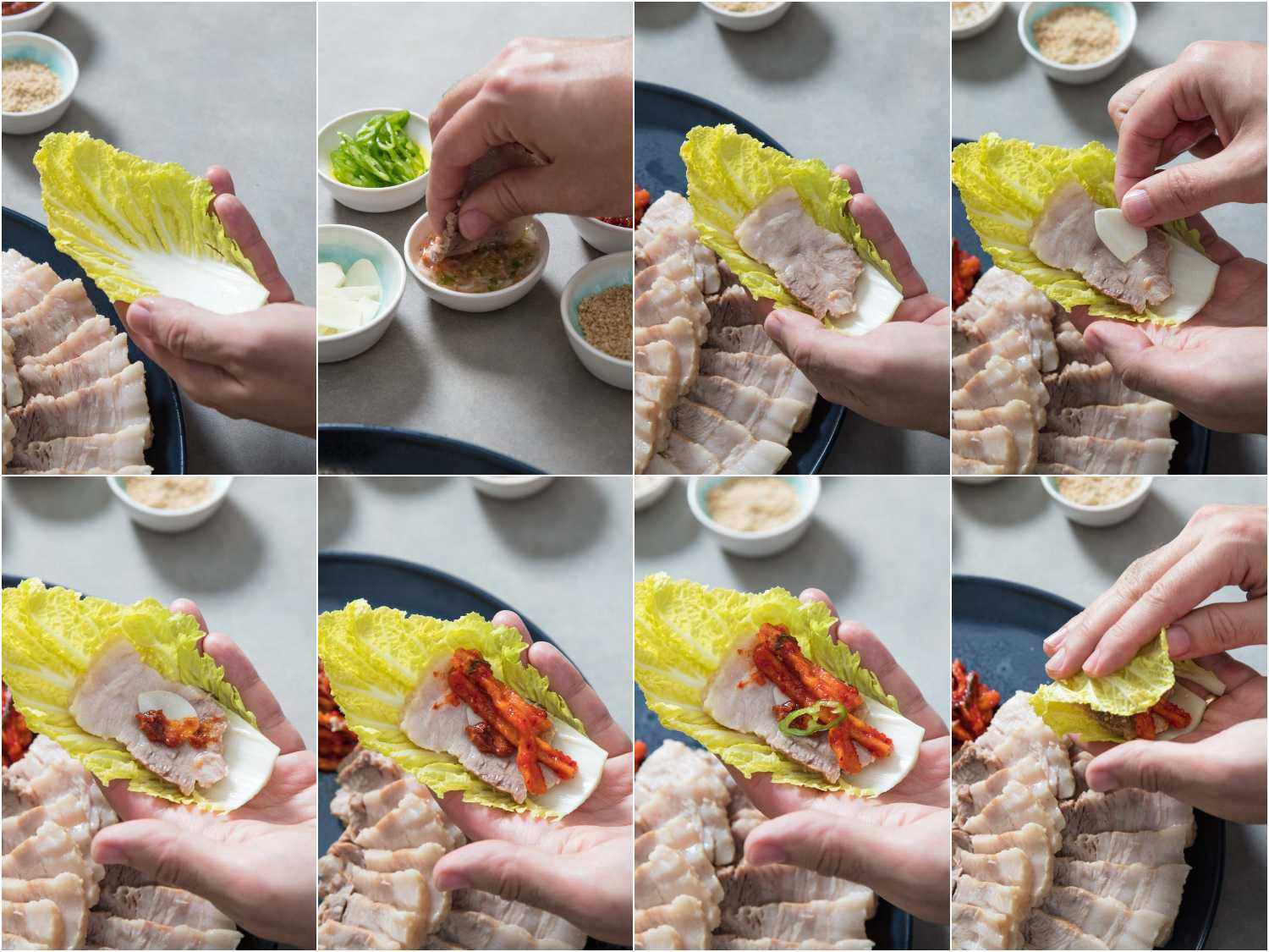 A collage of photos showing the assembly of a bite of bossam: holding a cabbage leaf, dipping pork into spices, adding garlic, garnishes, and wrapping it into a bite.