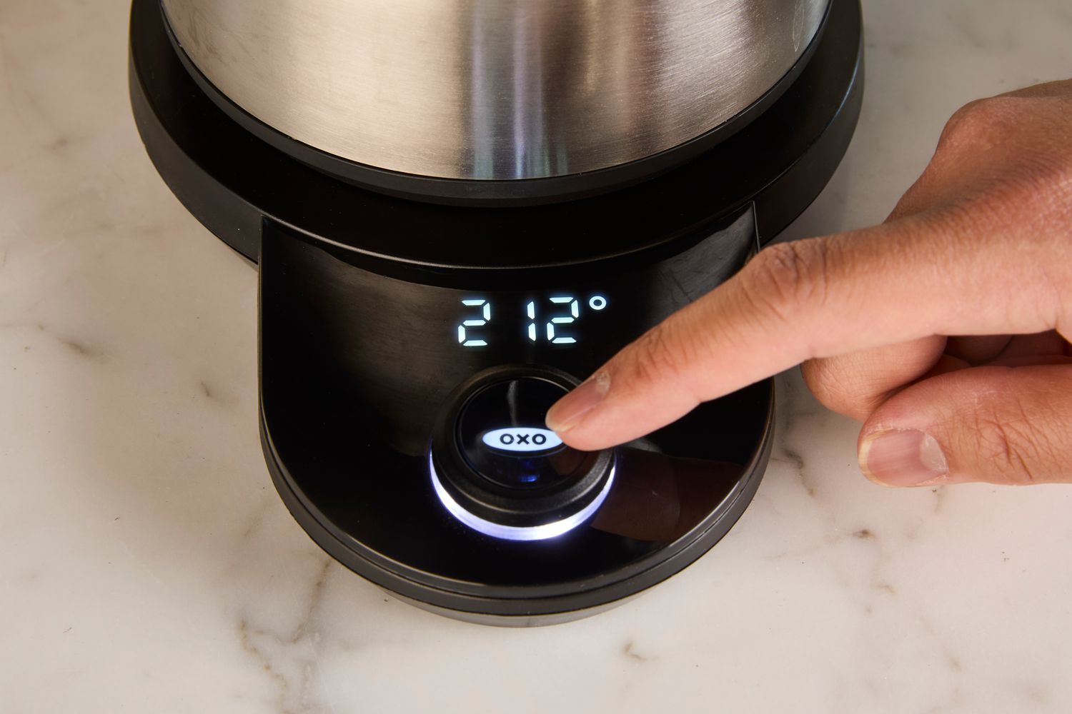 The digital control pane of a variable temperature electric gooseneck kettle.