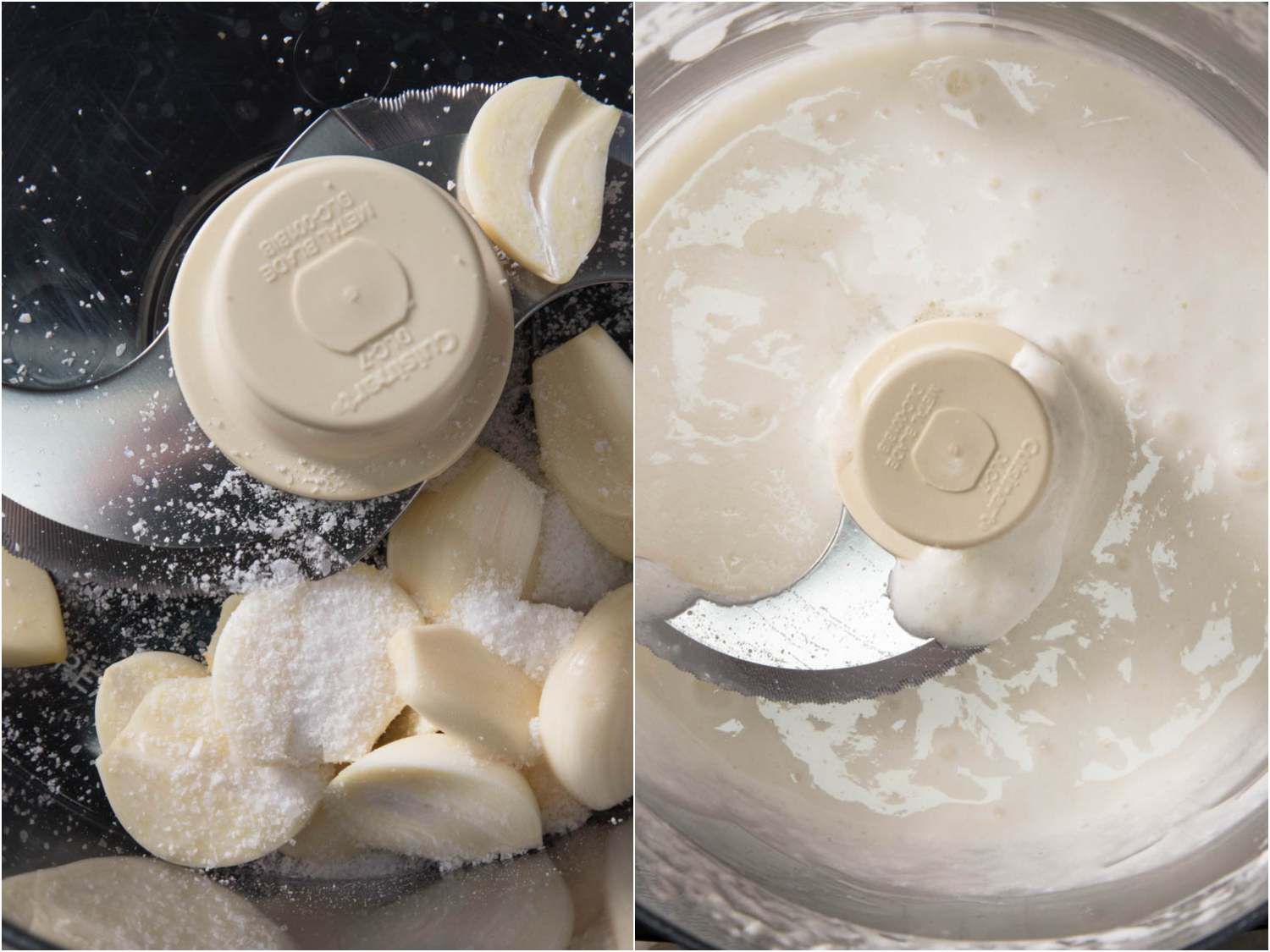 Overhead view of garlic and salt in food processor before and after processing into a smooth paste..