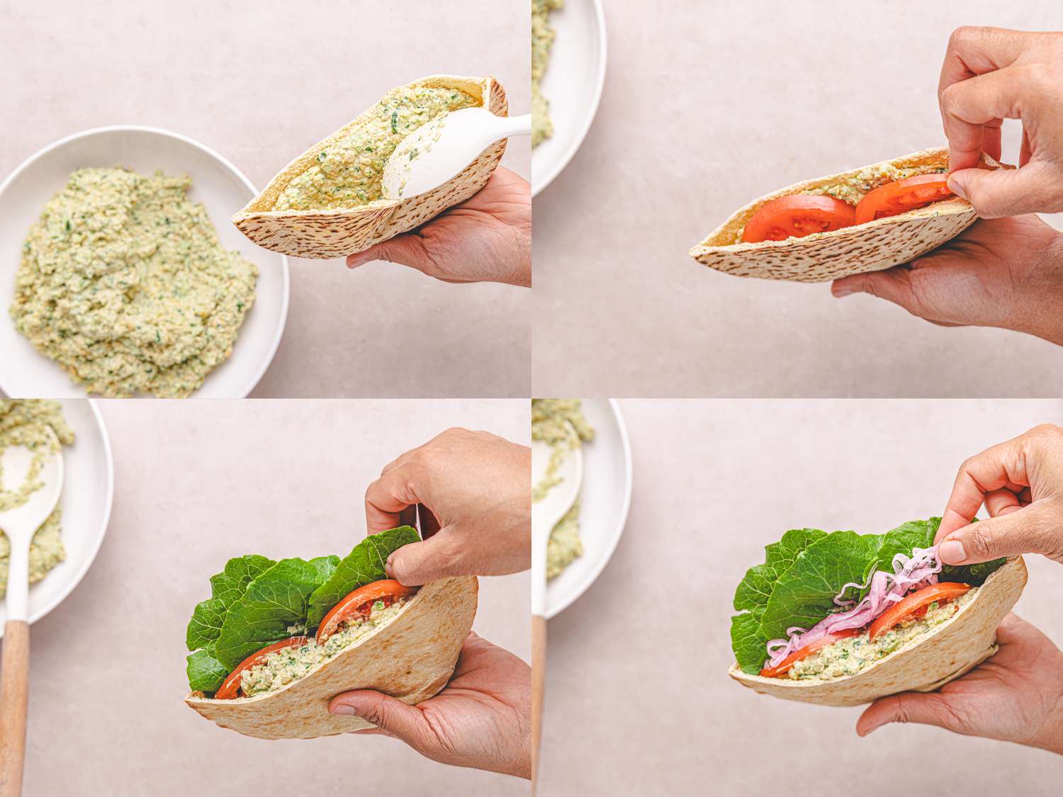 4 image collage. Top left: spooning chickpea salad into pita. Top right: adding tomatoes to pita. Bottom left: adding lettuce to pita. Bottom Right: adding pickled onions to pita 
