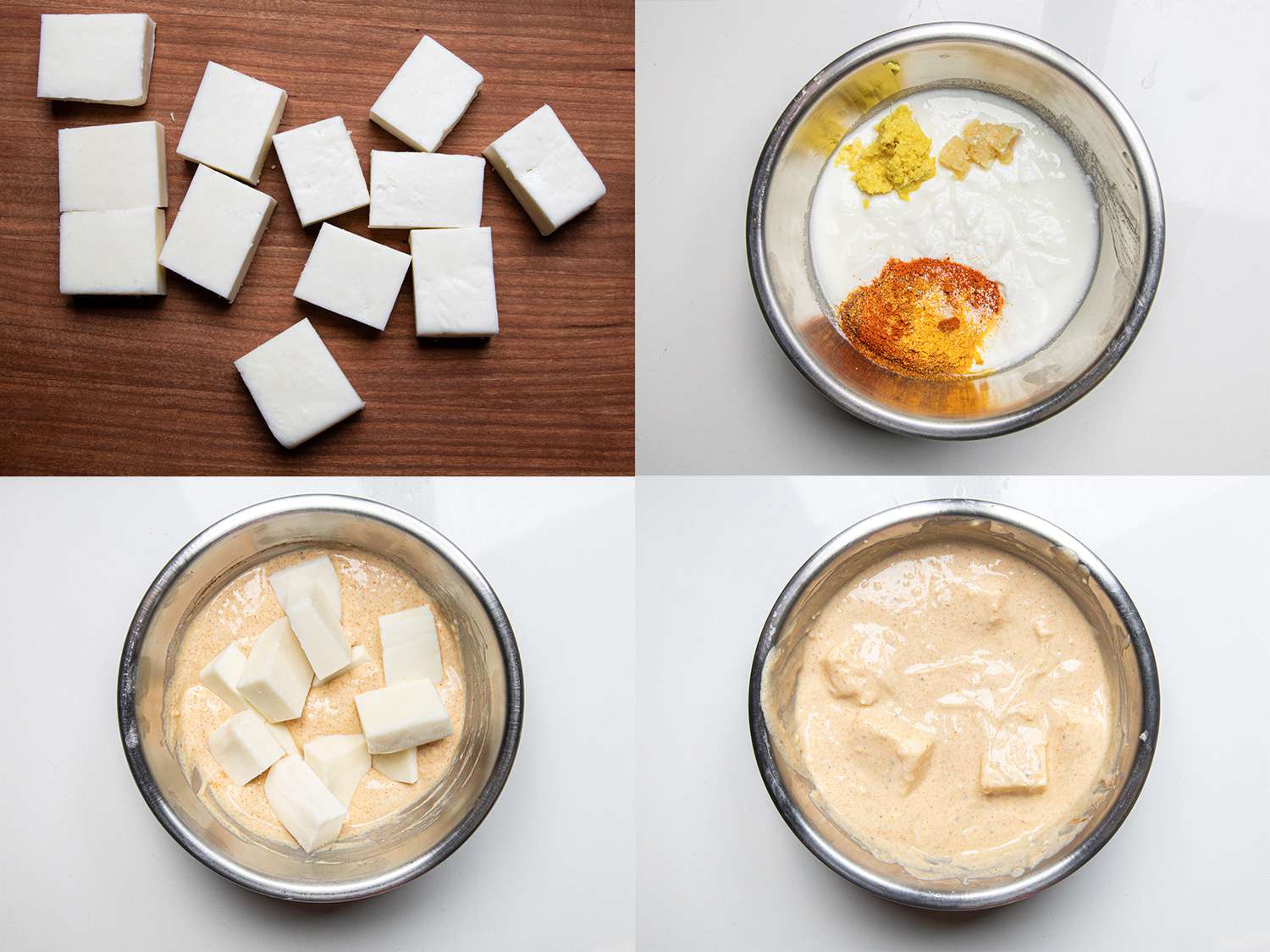 Four Image Collage. Clockwise from top left: Paneer cut into cubes on a cutting board; unmixed marinade in a metal bowl; paneer placed on top of mixed marinade; Paneer folded into marinade