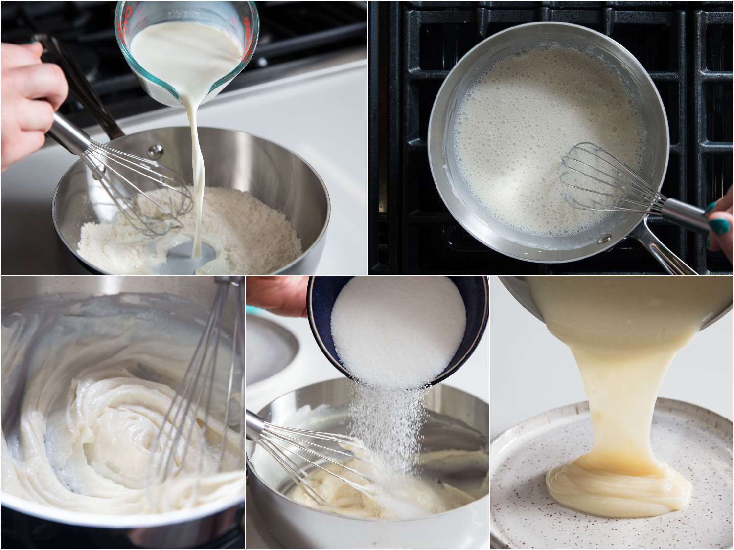 A five-image collage: Combining flour and milk, whisking until homogeneous and adding sugar to the milk paste, then transferring the paste to a plate to cool.