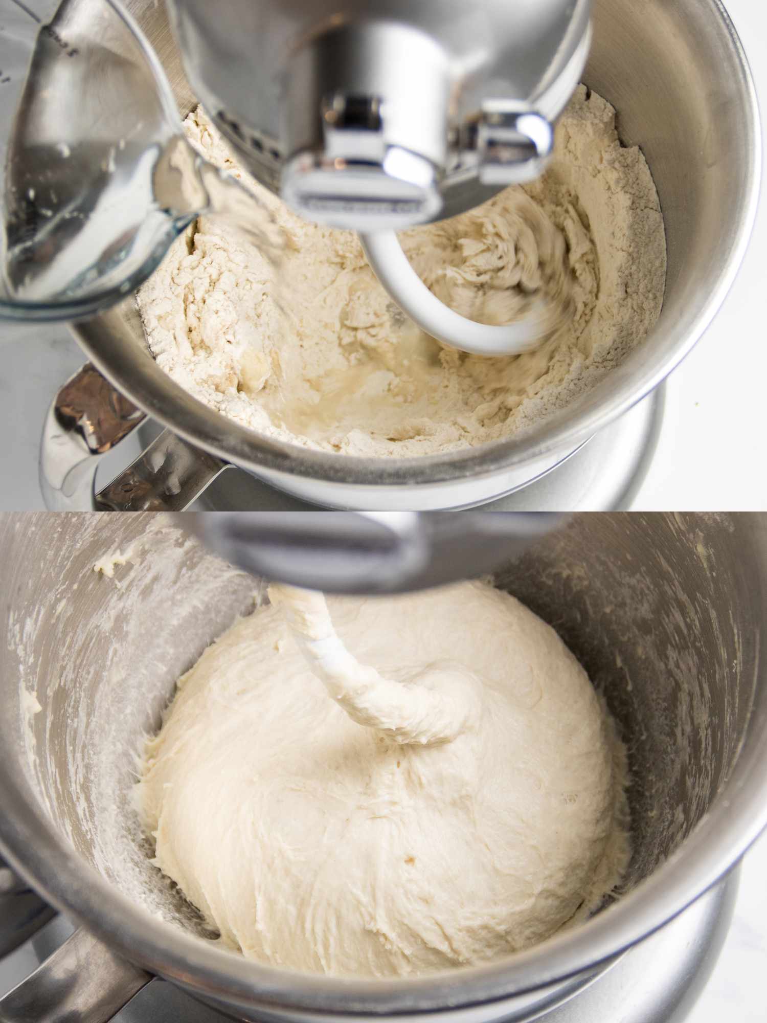 A stand mixer with dough being kneaded, shown in two stages of mixing
