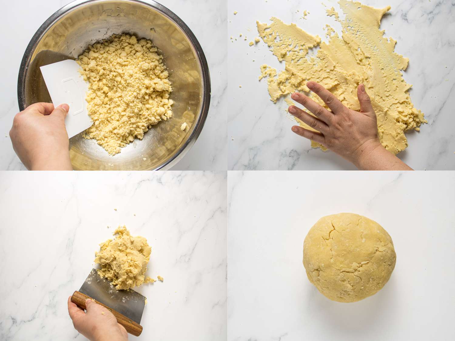 4 image collage. Top Left: a bench scraper combining dough ingredients together in a silver bowl. Top Right: Hands smearing and mixing the dough together on a marble countertop. Bottom Left: Using a bench scraper to finish brining the dough together. Bottom Right: Dough fully formed into a round ball on a marble surface. 