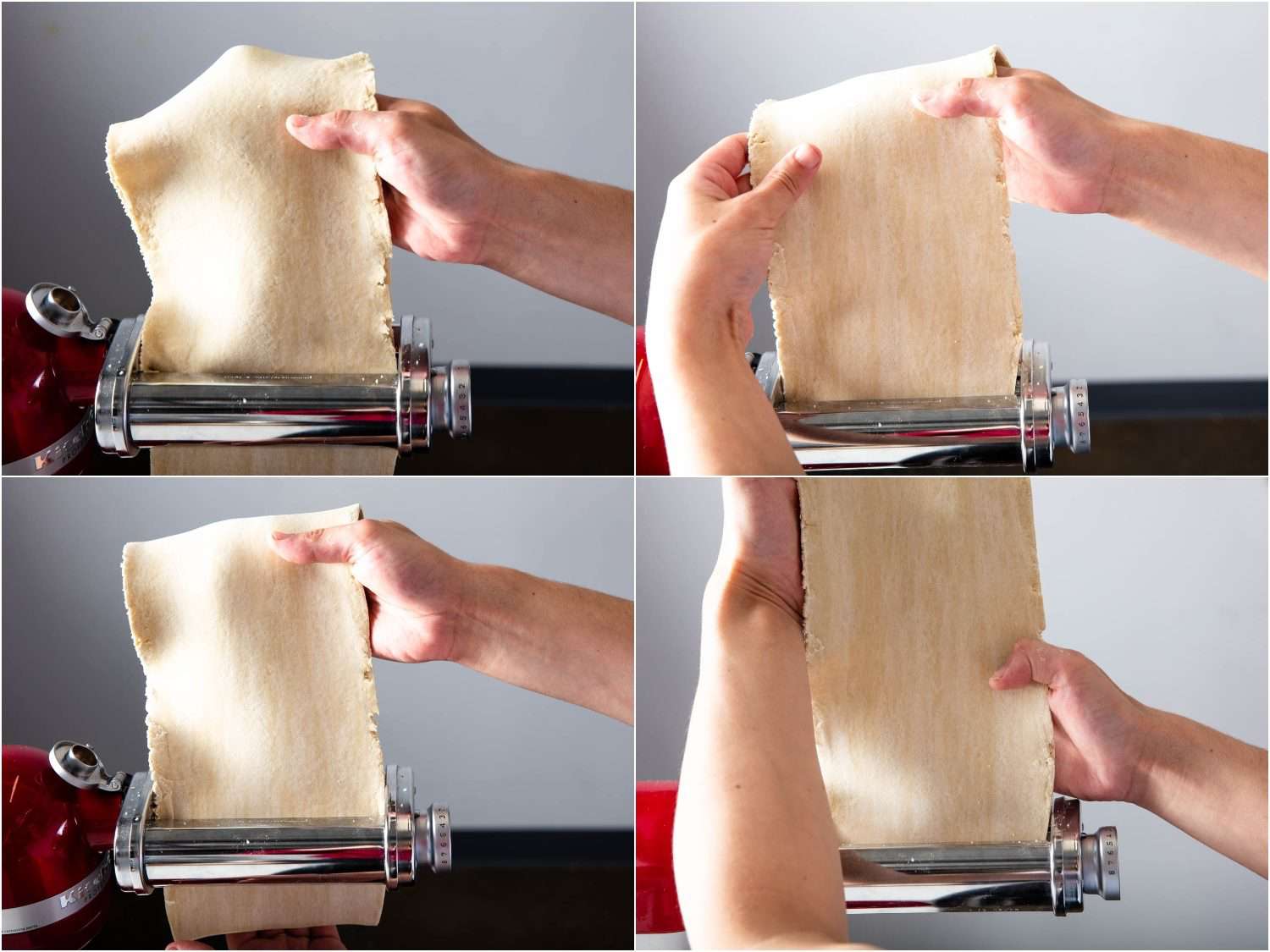 Collage of four photos showing sheet of ramen dough being guided through the rollers using your hand as anchor and guide.