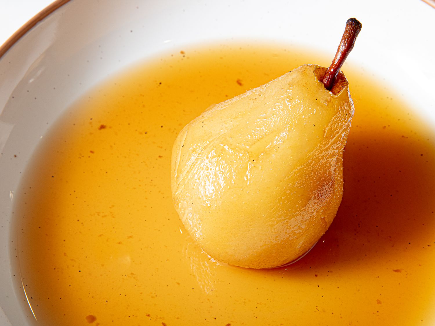 Overhead view of a poached pear