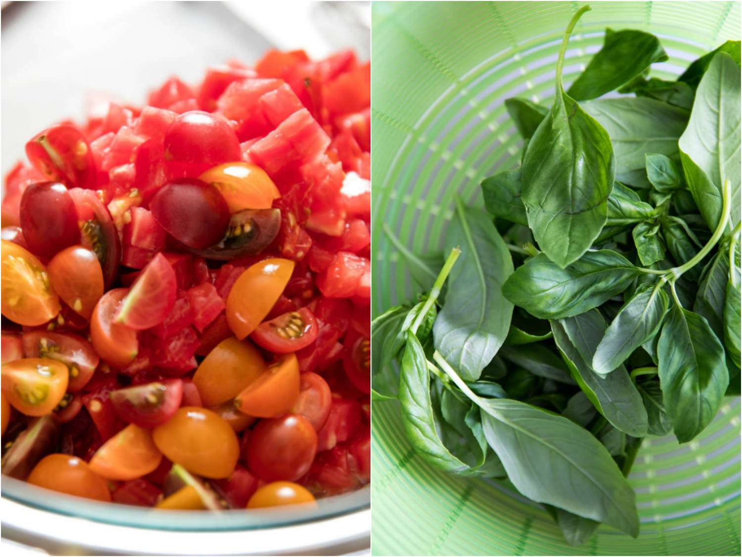 A collage of chopped tomatoes and basil in a salad spinner. 