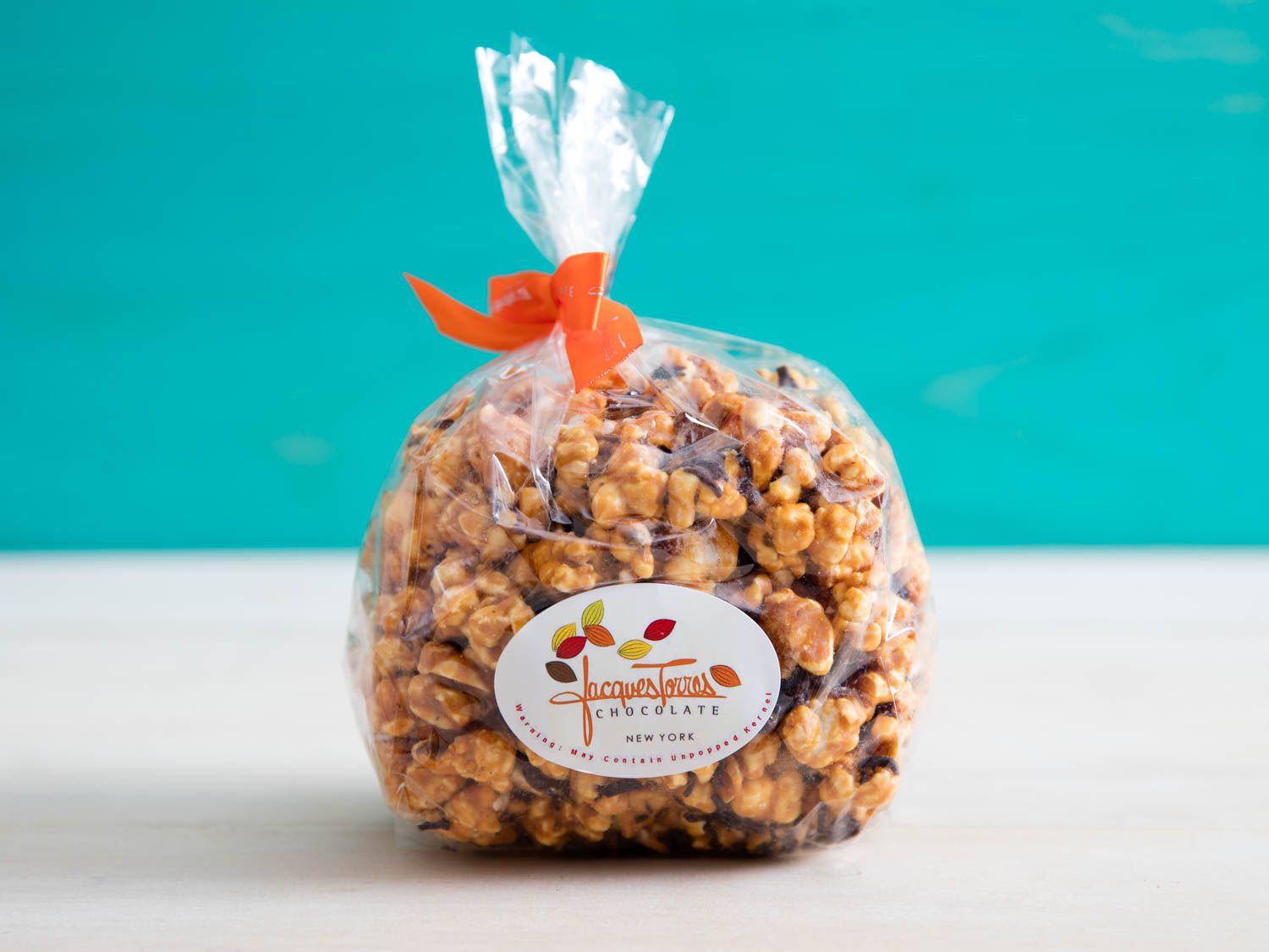 A bag of caramel popcorn from Jacques Torres Chocolates. 