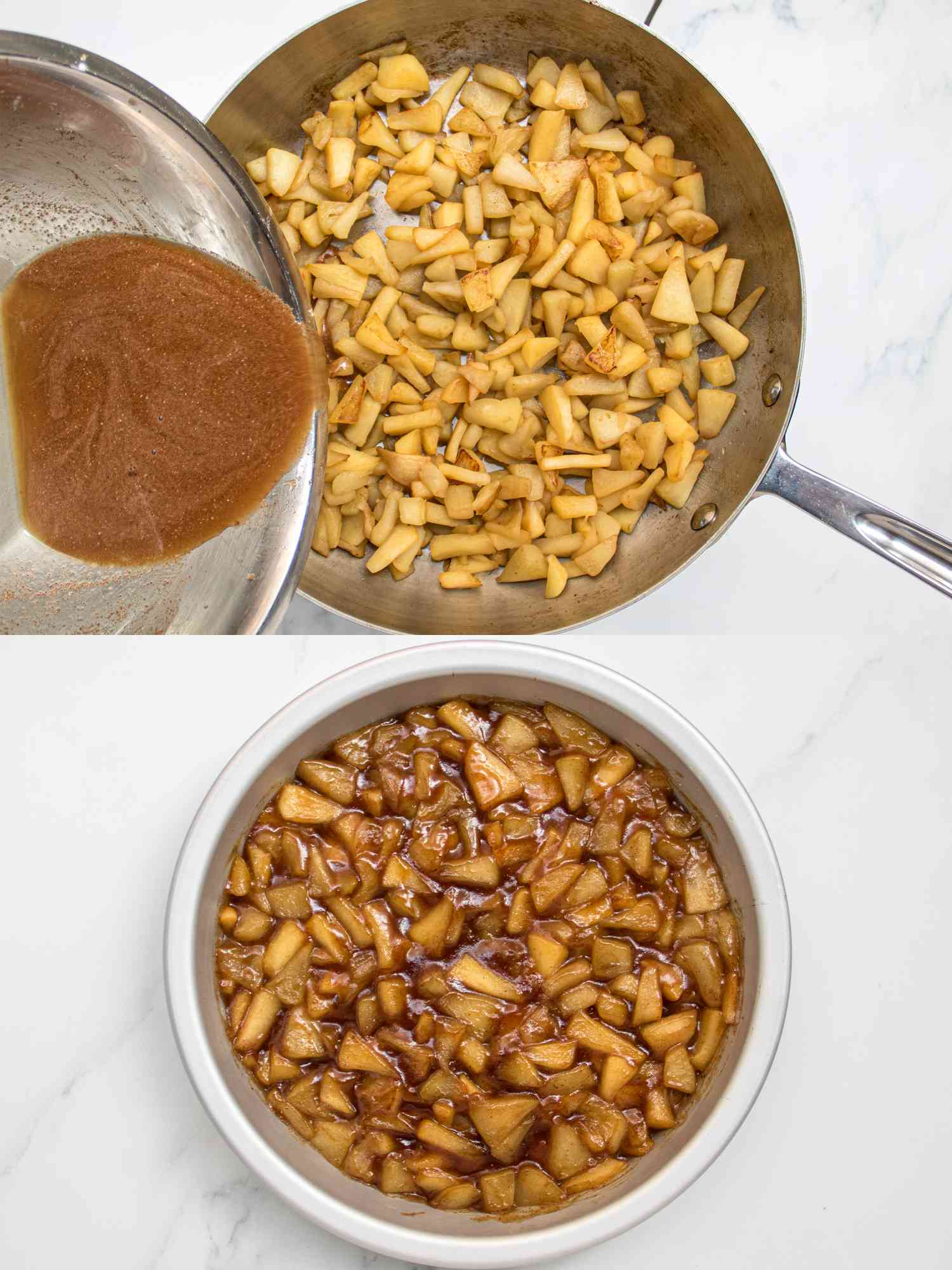 Twom image Collage. Top: Liquid mixture being poured into pan of caramelized apples. Bottom: Cooked apple mixture cooling in shallow dish