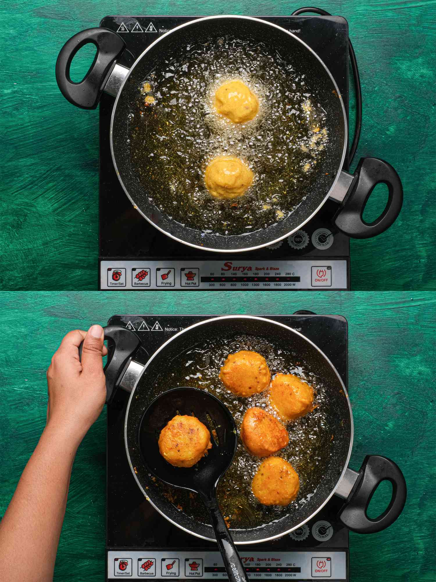 Frying potato balls in a pot of oil.
