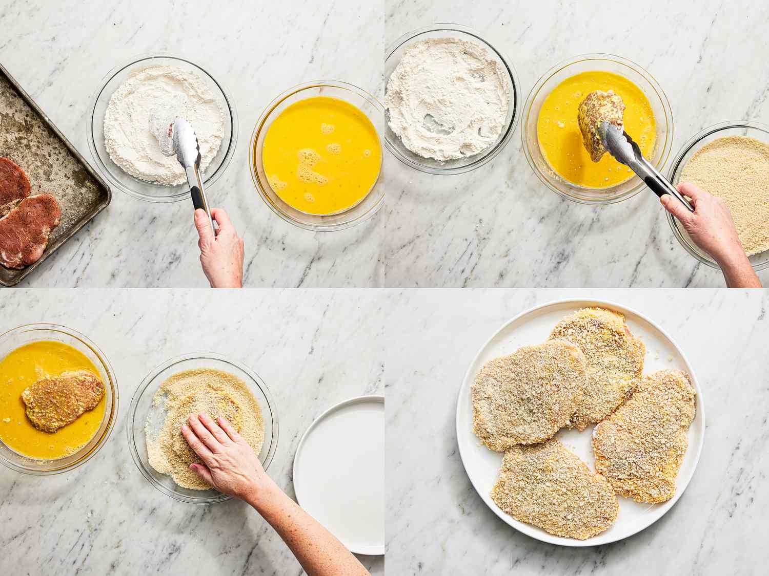 Four image collage of breading pork
